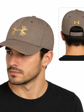 Under Armour Adjustable Strap Back Tan Gold Logo Baseball Hat/Cap Hook Loop